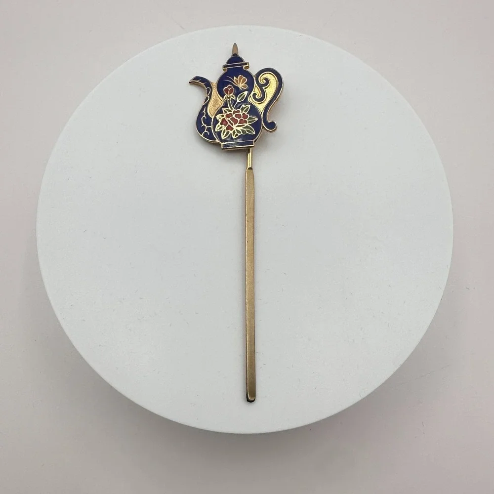 Vintage 90s Cloisonne Teapot Hair Sticks Gold Tone Blue Enamel Women's Jewelry